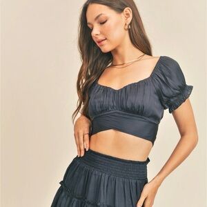 RESET by Jane Navy Blue Ruched Crop Top Tie Back Puff Sleeve NWT Size S